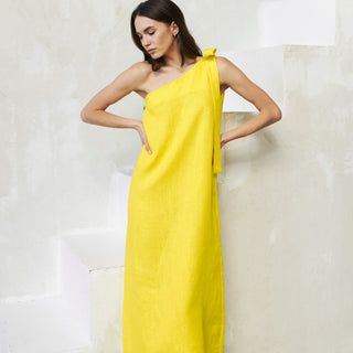 Yellow linen one shoulder maxi dress