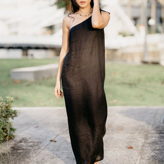 One shoulder black linen maxi dress