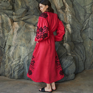 Back view fuchsia linen embroidered dress