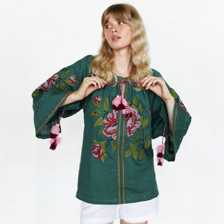 Green linen boho chic shirt with floral embroidery