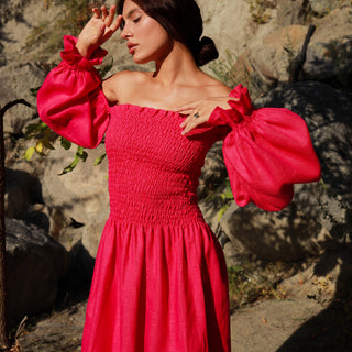 Linen summer dress in fuchsia colour