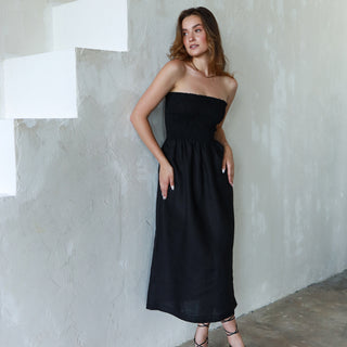 Black linen strapless midi dress