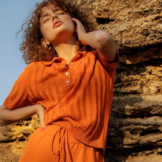 Terracotta ribbed-knit cotton polo shirt