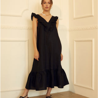 Black linen midi dress with frill details