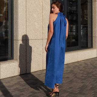 Back view linen maxi dress in electric blue