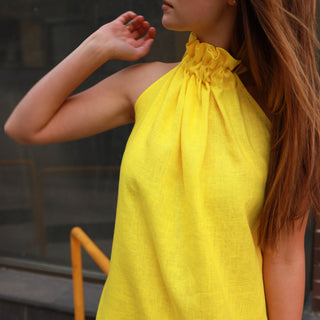 Halterneck details yellow linen maxi dress