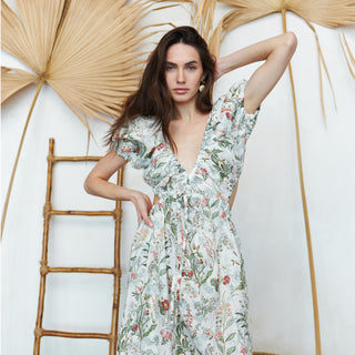 Summer linen printed dress with V-neck