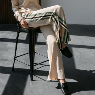 Cotton knitted creme pants with striped details