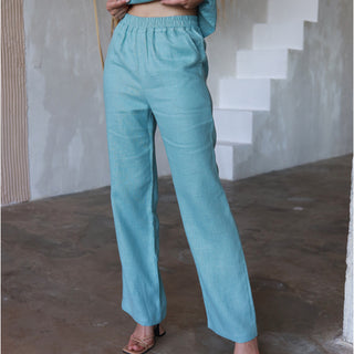 Linen pants with pockets in cyan