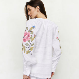 Back view white linen embroidered shirt