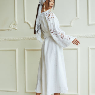 Side view white linen embroidered maxi dress