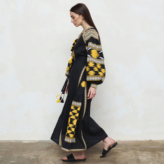 Side view black linen maxi embroidered dress