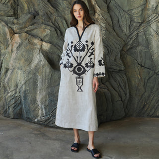natural linen embroidered kaftan dress
