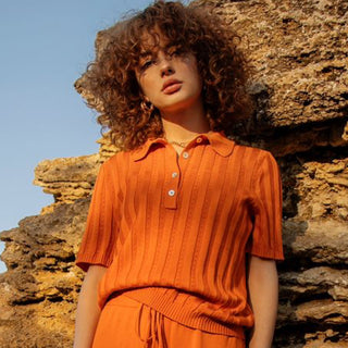 Orange cotton knitted polo shirt