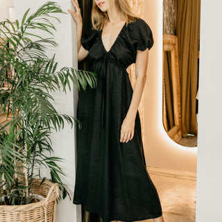 Black linen midi dress with cut out back