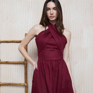 Crossover halter neck details burgundy midi dress