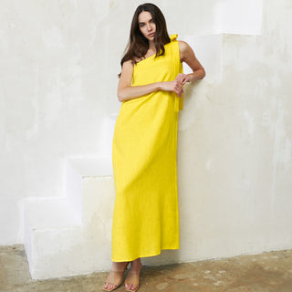 Yellow linen one shoulder maxi dress