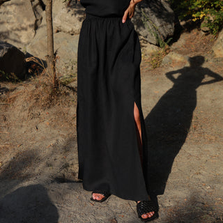 Black linen maxi skirt with side splits 