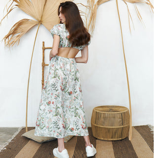 Back view linen flower print dress