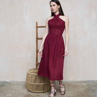 Burgundy dark red linen midi dress with crossover halter neck