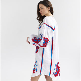 Side view white linen embroidered dress