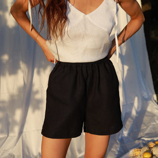 Black linen shorts with elastic waist