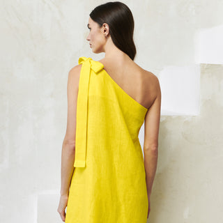Back view yellow linen one shoulder dress