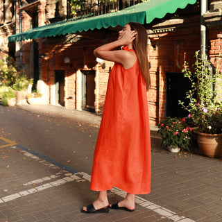 Linen halterneck maxi dress in orange
